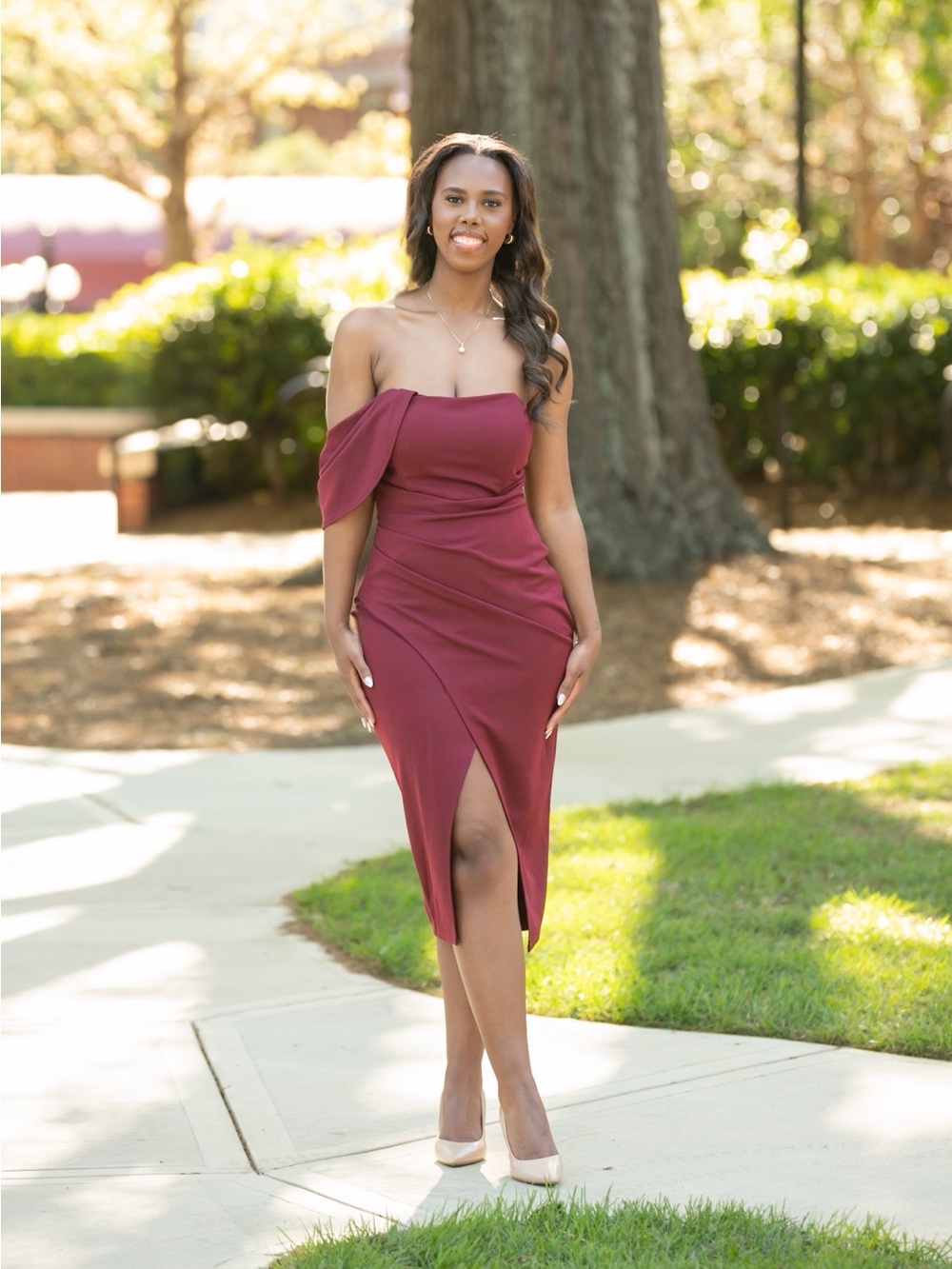 Fashion Nova One-Shoulder Burgundy Midi Dress with Front Slit